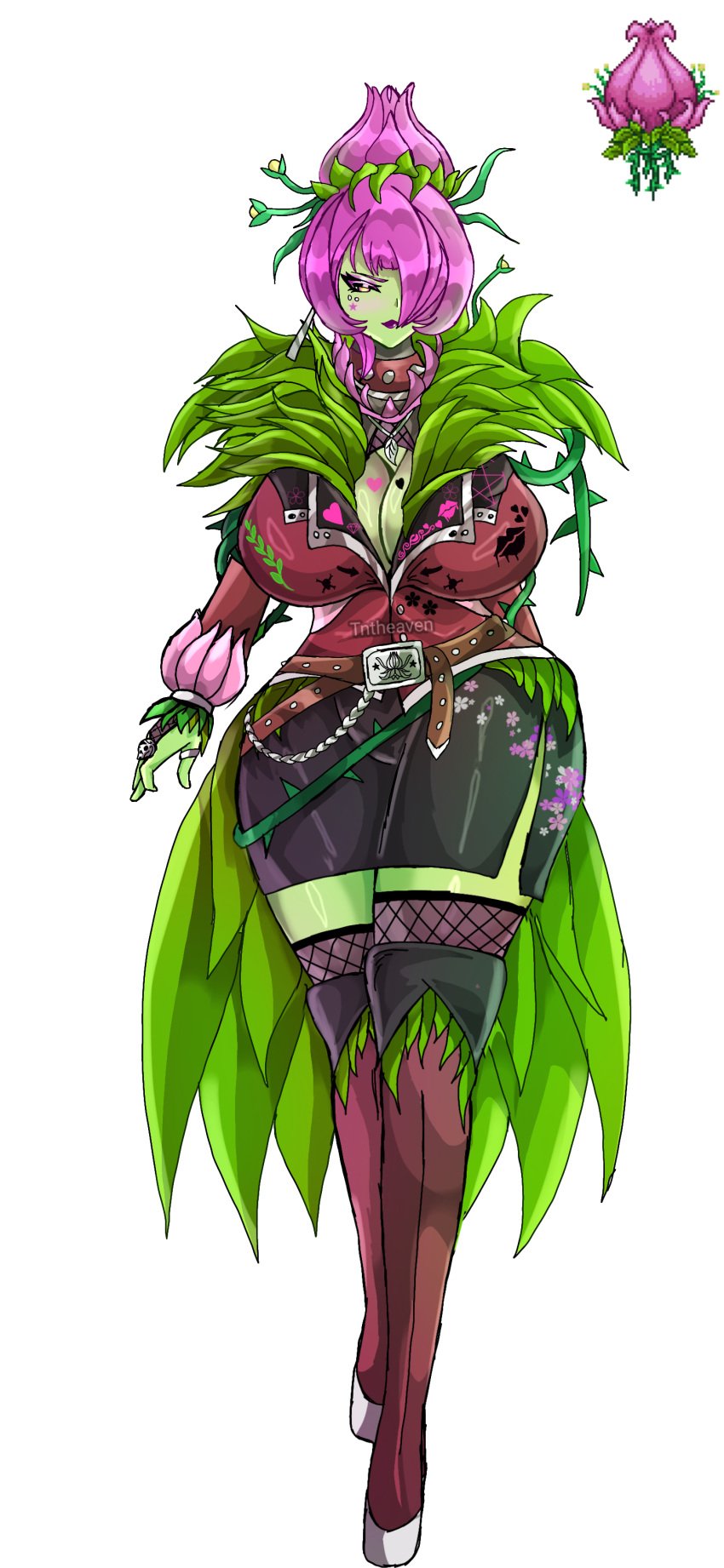 absurdres belt boots breasts bridal_gauntlets cleavage collar colored_skin female full_body green_skin hair_over_one_eye highres huge_breasts monster_girl pencil_skirt personification pink_hair plant plant_girl plantera reference_inset side_slit simple_background skirt spiked_collar spikes terraria thighhighs thighhighs_under_boots tntheaven vines white_background wide_hips