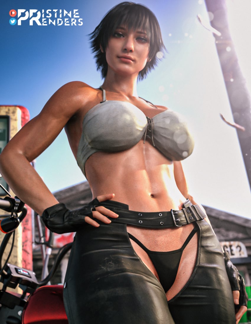 1girls 3d ass bare_shoulders big_ass big_breasts black_hair breasts capcom chaps cleavage devil_may_cry devil_may_cry_5 female female_only fingerless_gloves gloves lady_(devil_may_cry) pinup posing pristinerenders short_hair shorts solo solo_female thong