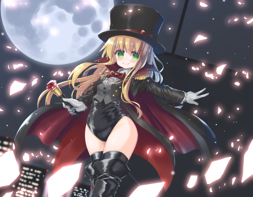 arm_up black_cloak black_footwear black_headwear black_jacket black_leotard black_thighhighs blonde_hair boots borrowed_character bow bowtie cane cloak female full_body gem gloves green_eyes grey_vest hat highres jacket leotard leotard_under_clothes long_hair looking_at_viewer moon night night_sky original outdoors petals phantom_thief phantom_thief_(kkmomo67) red_cloak shirt sky smile solo thigh_boots thighhighs thighs top_hat two-sided_cloak two-sided_fabric vest white_gloves white_shirt yuuji_(itadon)