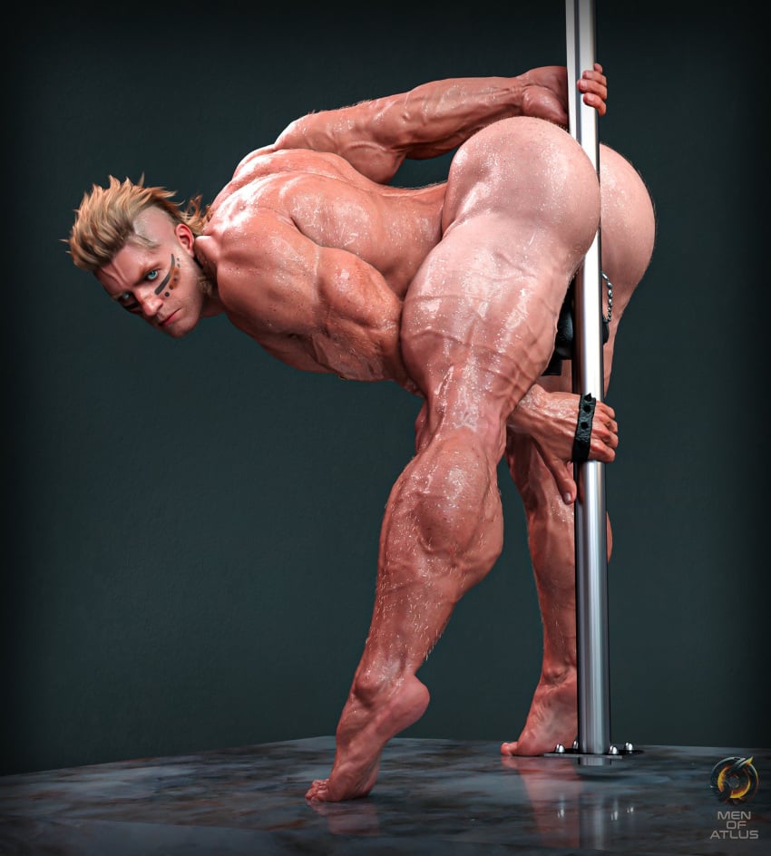 1boy 1human 3d 3d_model against_pole barefoot beefy bent_over blonde_hair blue_eyes exotic_dancer face_paint feet holding_pole human hunk light-skinned_male light_skin looking_at_viewer looking_at_you male male_only male_stripper masculine men_of_atlus muscles muscular muscular_male oc original_character pole pole_between_ass pole_dancer pole_dancing poledancer solo solo_male stripper stripper_pole stud veiny_body