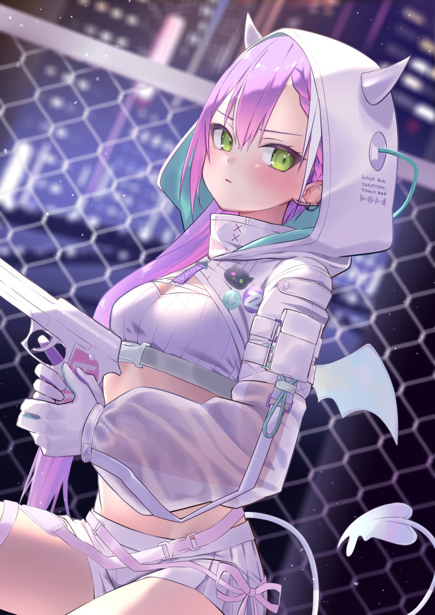 absurdres bandeau breasts demon_girl demon_tail demon_wings ear_piercing female gloves gradient_hair green_eyes gun hair_between_eyes handgun highres holding holding_gun holding_weapon holoforce hololive hololive_japan hooded_shrug long_hair long_sleeves looking_at_viewer medium_breasts multicolored_hair nisi_ki_no official_alternate_costume piercing pink_hair pointy_ears puffy_long_sleeves puffy_sleeves purple_hair see-through see-through_sleeves short_shorts shorts shrug_(clothing) solo strapless streaked_hair tail tokoyami_towa tokoyami_towa_(5th_costume) tube_top turtleneck virtual_youtuber weapon white_bandeau white_gloves white_hair white_shorts white_shrug white_tube_top wings