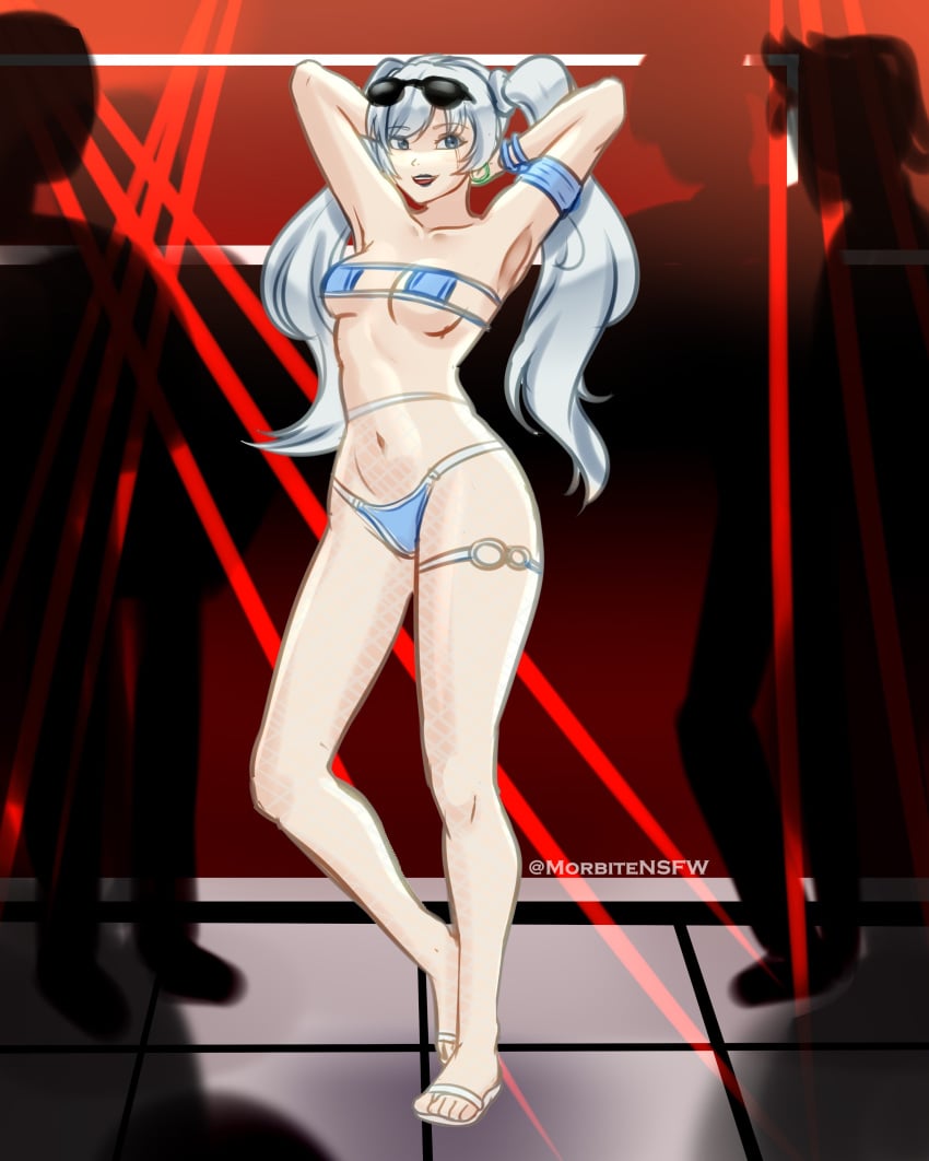 1girls armband arms_behind_head belly_button bikini blue_bikini blue_lipstick bracelets breasts club crowd crowd_watching dancing earrings eyepatch_bikini feet female fishnet_stockings fishnets legs medium_breasts micro_bikini morbite navel night_club pose posing rave rwby sandals sensual sexy_armpits skimpy skimpy_bikini skimpy_clothes sunglasses sunglasses_on_head thigh_strap twintails twintails_(hairstyle) underboob weiss_schnee white_hair