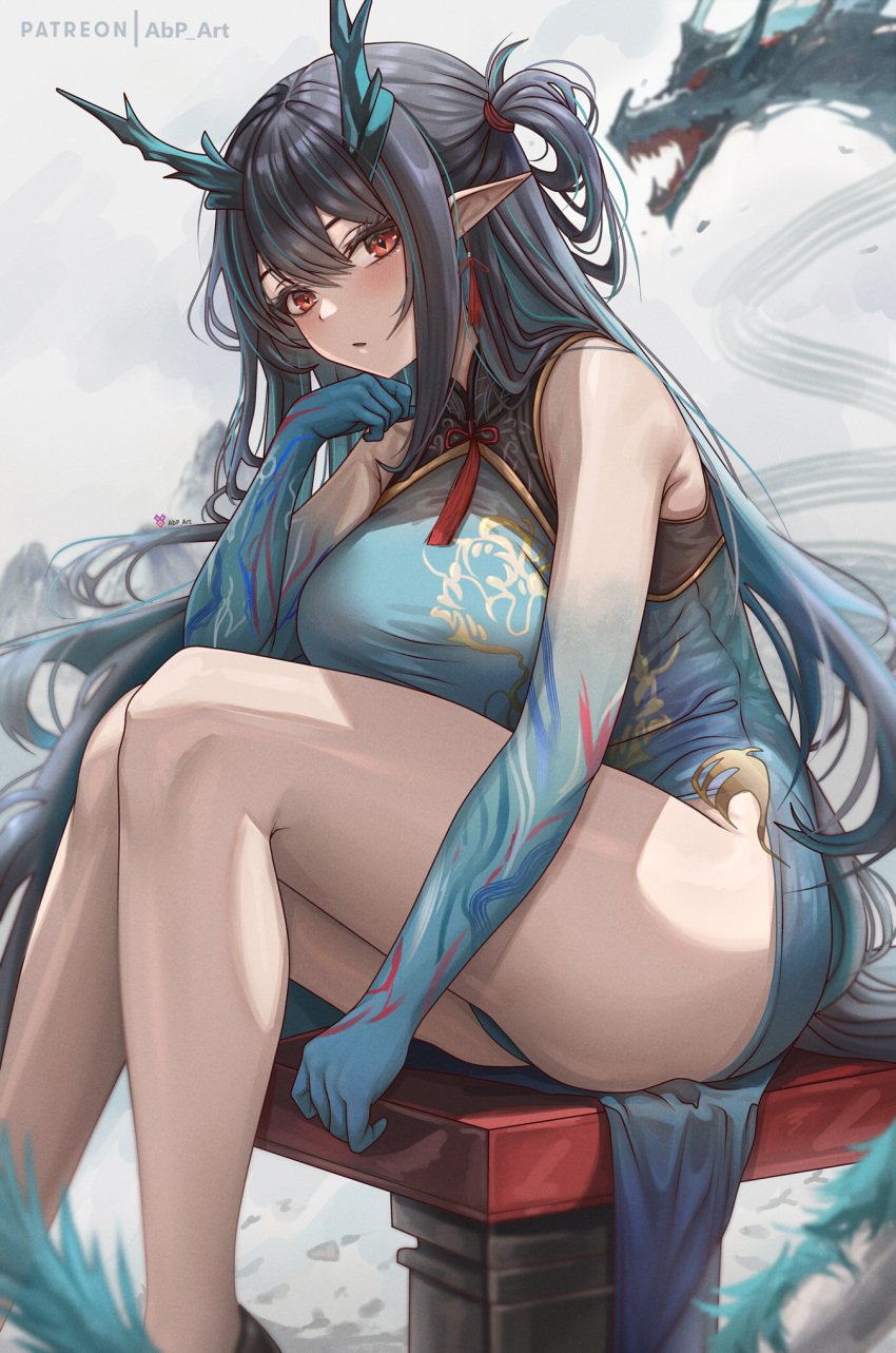 abpart arknights bare_shoulders black_hair blue_dress blue_skin blush breasts china_dress chinese_clothes colored_skin commentary dragon dragon_girl dragon_horns dress dusk_(arknights) dusk_(everything_is_a_miracle)_(arknights) english_commentary feet_out_of_frame female green_hair highres horns large_breasts long_hair looking_at_viewer multicolored_hair official_alternate_costume parted_lips patreon_username pointy_ears red_eyes sitting solo streaked_hair thighs