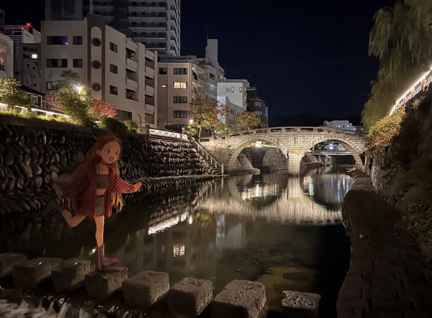 blonde_hair boots bridge building choker crop_top earrings female full_body grey_eyes haguhagu_(rinjuu_circus) highres jacket jewelry long_hair miniskirt night open_clothes open_jacket open_mouth original outdoors photo_background river sasha_(haguhagu) skipping skirt sky smile solo water