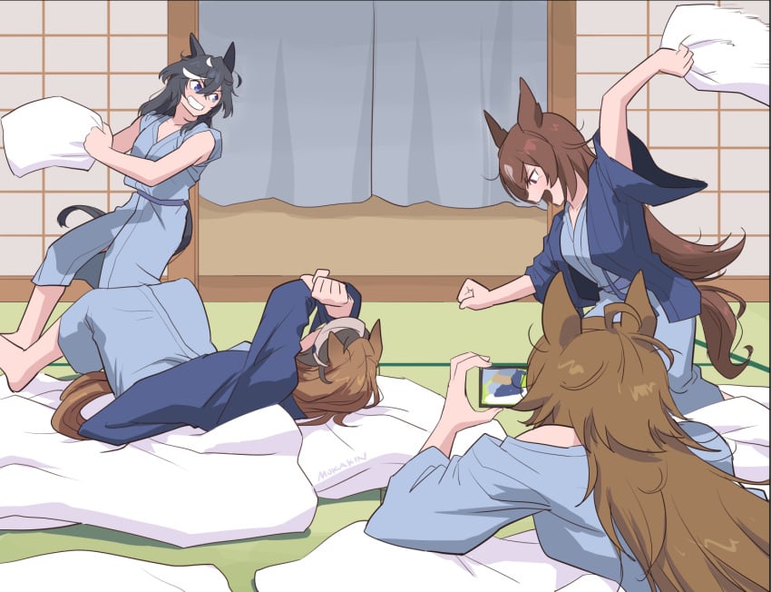 4girls ahoge animal_ears breasts brown_hair cellphone commentary_request covering_face hair_between_eyes hair_down highres holding holding_phone horse_ears horse_girl horse_tail indoors japanese_clothes katsuragi_ace_(umamusume) kimono long_hair long_sleeves medium_breasts medium_hair mr._c.b._(umamusume) mukakin multicolored_hair multiple_girls phone pillow_fight sirius_symboli_(umamusume) smartphone streaked_hair symboli_rudolf_(umamusume) tail tatami umamusume white_hair wide_sleeves yukata