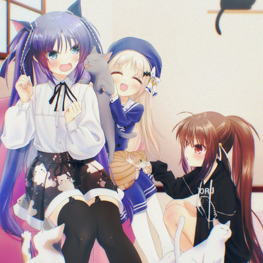 3girls :d ^_^ ahoge alternate_costume animal_on_lap animal_on_shoulder animal_print bat_hair_ornament bell beret black_hoodie black_ribbon black_skirt black_thighhighs blue_dress blue_eyes blue_headwear blush bow brown_cat brown_hair casual cat_on_lap cat_on_shoulder cat_print clenched_hands closed_eyes collared_shirt commentary crescent crescent_hair_ornament dress eyes_visible_through_hair feet_out_of_frame feline frilled_ribbon frills garter_straps grey_hair hair_bell hair_ornament hair_ribbon hairbow hands_up happy hat high-waist_skirt highres hood hood_down hoodie indoors jingle_bell little_busters! long_hair long_sleeves looking_at_animal multiple_girls natsume_rin natsuoto_rito neck_ribbon noumi_kudryavka oerba_yun_fang on_lap open_mouth parted_bangs petting ponytail purple_hair red_eyes ribbon sasasegawa_sasami shirt short_dress sidelocks sitting skirt sleeves_past_wrists smile squatting star_(symbol) star_print straight_hair thighhighs tsurime two_side_up very_long_hair white_bow white_ribbon white_shirt zettai_ryouiki