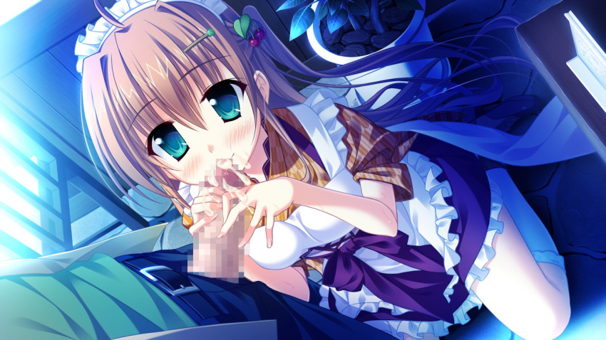 blue_eyes blush brown_hair censored cum female game_cg hair_ornament long_hair magical_marriage_lunatics!! maid moonstone ornament penis yamakaze_ran yuuna_shirahase