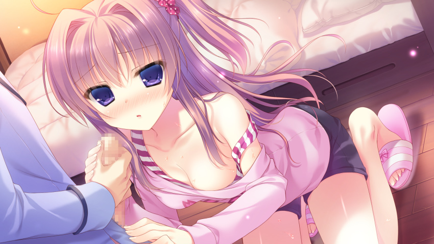 blush brown_hair cabbit censored cleavage game_cg kimi_e_okuru_sora_no_hana long_hair matsuri_azuse penis purple_eyes wet yukie