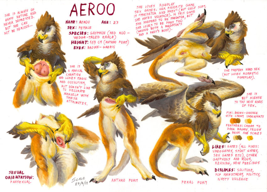 2011 aeroo avian blush breasts female gryphon model_sheet nude on_side pouch pussy raised_leg scale solo spread_legs spread_pussy spreading wings