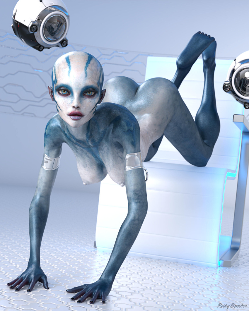 1girls 2023 3d alien alien_girl armband bald blue_body blue_skin female female_only high_heels large_breasts looking_at_viewer nenana_(riskybomber) nude nude_female original_character platform_heels riskybomber sci-fi science_fiction silver_high_heels solo solo_female