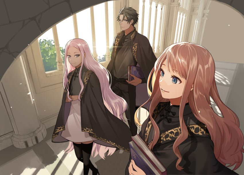 1boy 2girls arch black_hair blue_eyes book brown_hair cape column commission dark-skinned_female dark_skin grey_eyes hallway high-waist_skirt highres holding holding_book indoors lens_flare long_hair looking_ahead looking_at_another mandarin_collar multiple_girls original ororooops pants pantyhose parted_bangs pillar purple_hair short_hair skeb_commission skirt smile swept_bangs thighhighs tree uniform very_long_hair walking wavy_hair window