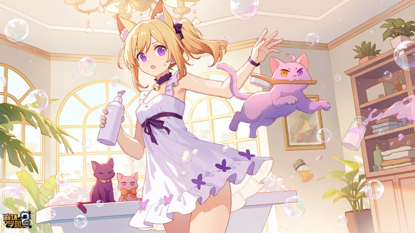 ahoge animal_ears bell benghuai_xueyuan blonde_hair bow bubble cat_ears copyright_name day feline female highres holding honkai_(series) indoors jingle_bell ninti_apokalypse official_art open_mouth plant potted_plant purple_eyes second-party_source