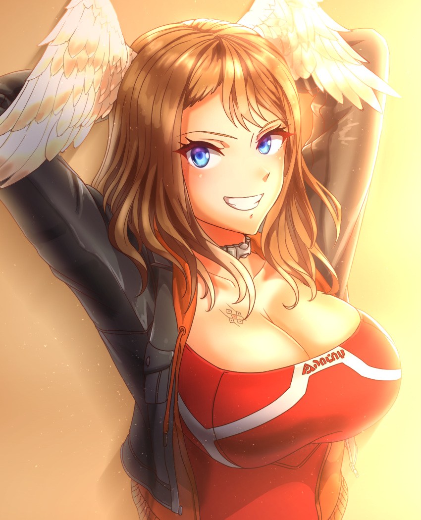 arms_behind_head black_jacket blue_eyes breast_tattoo breasts brown_hair choker cleavage collarbone eunie_(xenoblade) female glowing_lines gradient_background head_wings highres jacket large_breasts large_pectorals leather leather_jacket looking_at_viewer medium_hair monolith_soft nintendo open_clothes open_jacket pectorals red_shirt shirt smile solo tattoo to_(tototo_tk) upper_body white_wings wings xenoblade_(series) xenoblade_chronicles_3