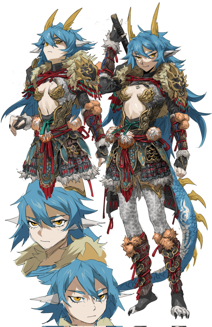 arm_up armor bikini_armor black_gloves black_nails blue_hair chinese_commentary clothing_cutout commentary_request corrupted_twitter_file cropped_legs dragon_girl dragon_horns dragon_tail expressionless female fingerless_gloves fingernails from_side full_body fur-trimmed_armor fur_trim gloves hair_between_eyes highres holding holding_sword holding_weapon horns japanese_armor katana kusazuri long_hair looking_at_viewer looking_to_the_side messy_hair mixed-language_commentary multiple_views original pauldrons pointy_ears pom_pom_(clothes) scales sharp_fingernails shin_guards shoulder_armor simple_background spiked_tail standing stomach_cutout sword tail tassel toeless_footwear vambraces weapon white_background xiaopizi32439 yellow_eyes