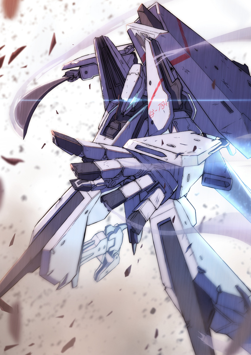 absurdres arema blue_eyes commentary_request debris fighting_stance foot_out_of_frame foreshortening glowing glowing_eye highres holding holding_sword holding_weapon light_trail mecha mecha_focus morito_(sidonia_no_kishi) no_humans open_hand outstretched_arms robot science_fiction sidonia_no_kishi solo sword tsugumori weapon