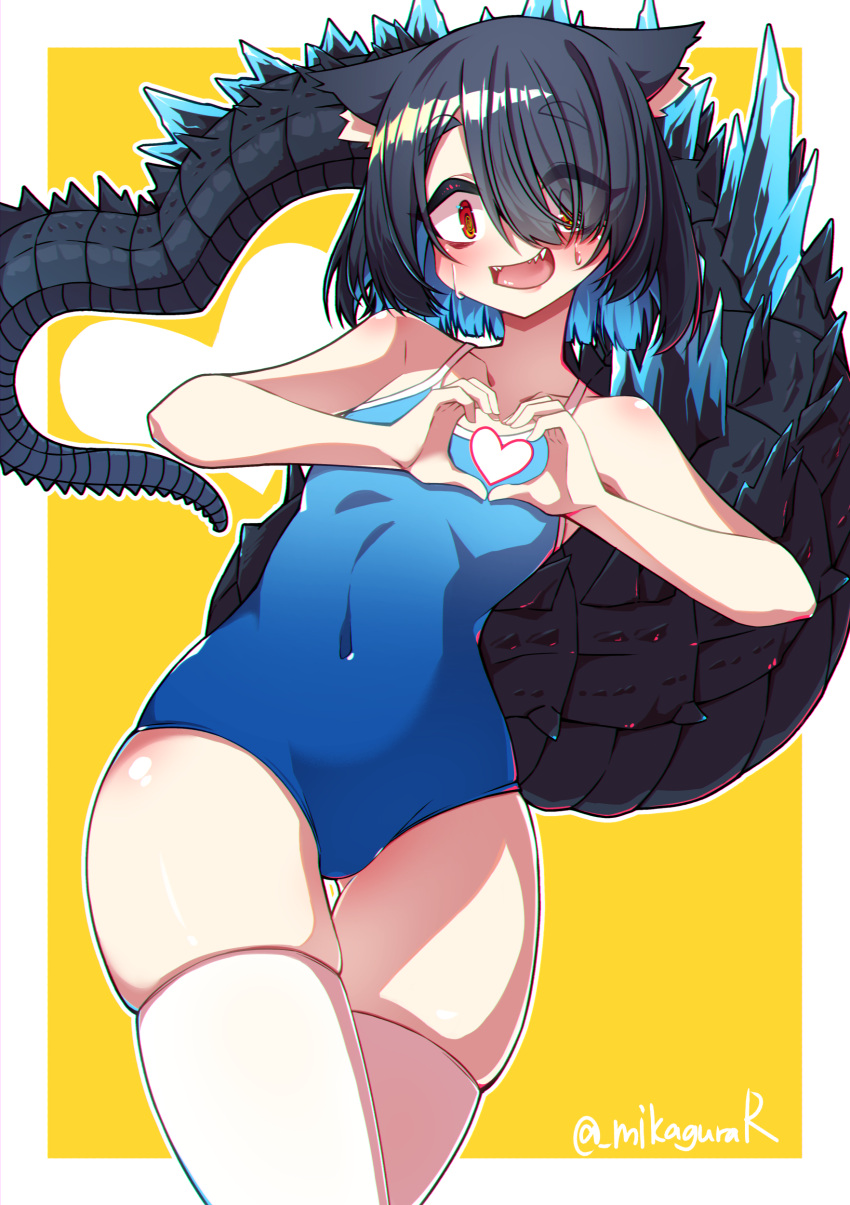 @_@ absurdres animal_ear_fluff animal_ears artist_name black_hair blue_hair blue_one-piece_swimsuit cat_ears colored_inner_hair cowboy_shot female hair_over_one_eye hands_up heart heart_hands heart_tail highres lizard_tail mikagura multicolored_hair one-piece_swimsuit open_mouth orange_eyes original sharp_teeth short_hair simple_background solo spines standing swimsuit tail teeth thigh_gap twitter_username yellow_background