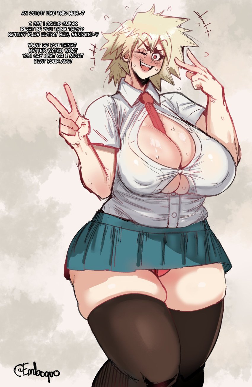 1girls big_breasts blonde_hair breasts bursting_breasts buttoned_shirt cleavage dialogue embo english english_text large_breasts light-skinned_female light_skin looking_at_viewer mature mature_female microskirt milf mitsuki_bakugou my_hero_academia panty_peek red_eyes school_uniform short_skirt skirt smile solo spiky_hair sweat text thick_thighs thighs tie tie_between_breasts tongue v wink