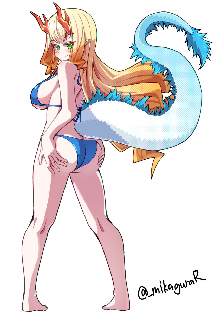 absurdres antlers artist_name ass_support bikini blonde_hair blue_bikini breasts closed_mouth dragon_girl dragon_tail female full_body fur-tipped_tail green_eyes highres large_breasts looking_at_viewer looking_back mikagura original pointy_ears sidelocks simple_background slit_pupils smile solo standing swimsuit tail twitter_username white_background