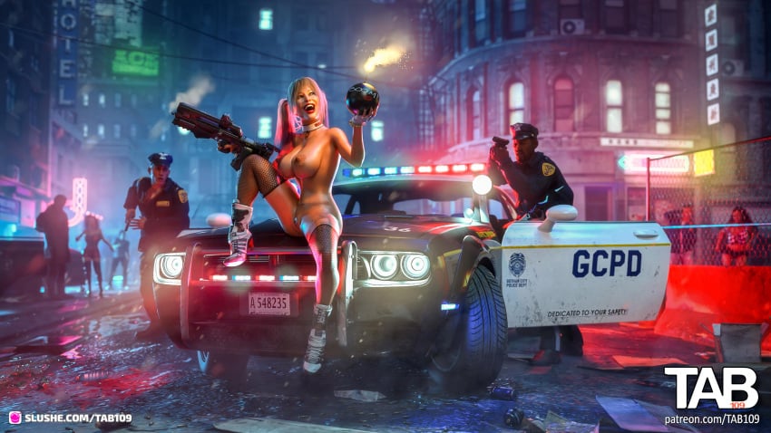 1girls 2023 3d batman_(series) dc dc_comics dodge_challenger exhibitionism fanart female gun harley_quinn holding_gun holding_object holding_rifle holding_weapon huge_breasts naked_footwear nude nude_female outdoor outdoor_nudity outdoors outside police police_officer public public_nudity tab109 tagme weapons