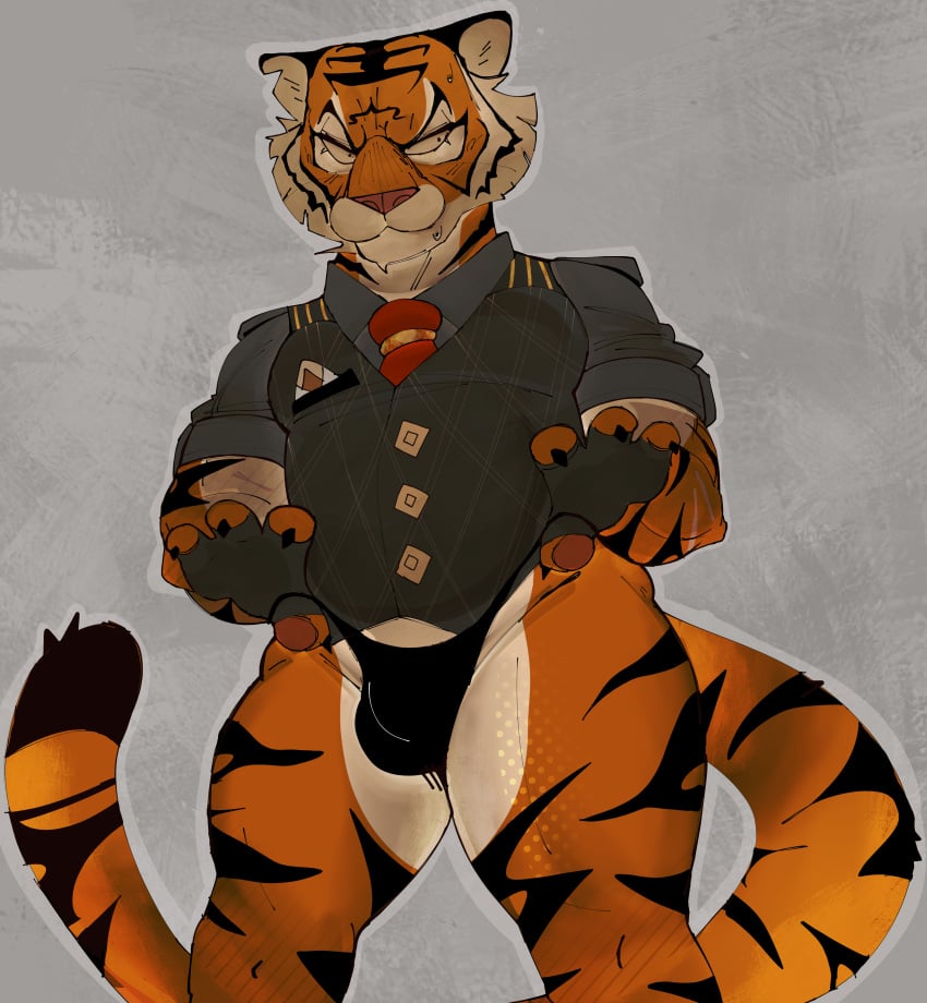 1boy absurd_res anthro bottomless bulge clothed clothing epic_games felid fingerless_gloves fortnite fur gloves handwear hi_res laydai looking_away male male_only mammal muscular muscular_anthro muscular_male necktie oscar_(fortnite) pantherine slightly_chubby solo stripes tiger topwear underwear vest white_body white_fur yellow_eyes