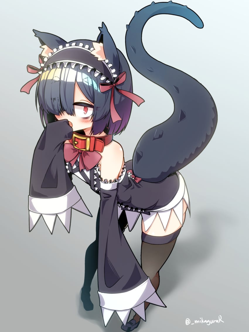 :o animal_collar animal_ear_fluff animal_ears artist_name black_dress black_hair blue_background bow bowtie cat_ears collar detached_sleeves dress female full_body gradient_background gradient_hair grey_background hair_over_one_eye hand_up highres leaning_forward lizard_tail looking_at_viewer maid maid_headdress mikagura multicolored_hair oerba_yun_fang open_mouth original pigeon-toed purple_hair red_collar red_eyes short_hair simple_background sleeveless sleeves_past_fingers sleeves_past_wrists solo standing tail thighhighs twitter_username very_long_sleeves