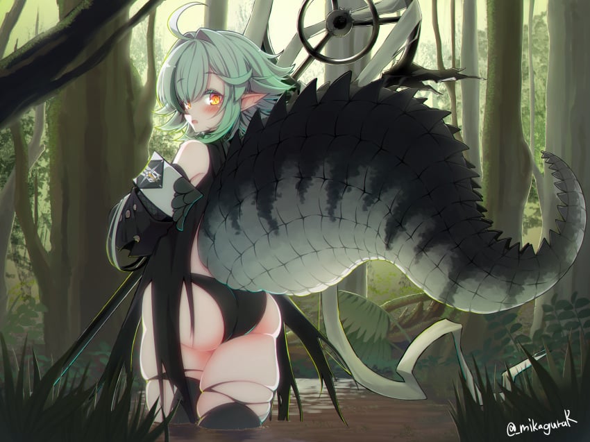 ahoge arknights ass blush cowboy_shot crocodilian_tail detached_sleeves female forest green_background grey_hair highres holding holding_staff hood hood_down large_tail long_sleeves looking_at_viewer looking_back mikagura nature open_mouth outdoors pointy_ears reptile_girl short_hair solo staff standing star-shaped_pupils star_(symbol) symbol-shaped_pupils tail thighhighs tomimi_(arknights) torn_clothes torn_thighhighs wading water wetland yellow_eyes