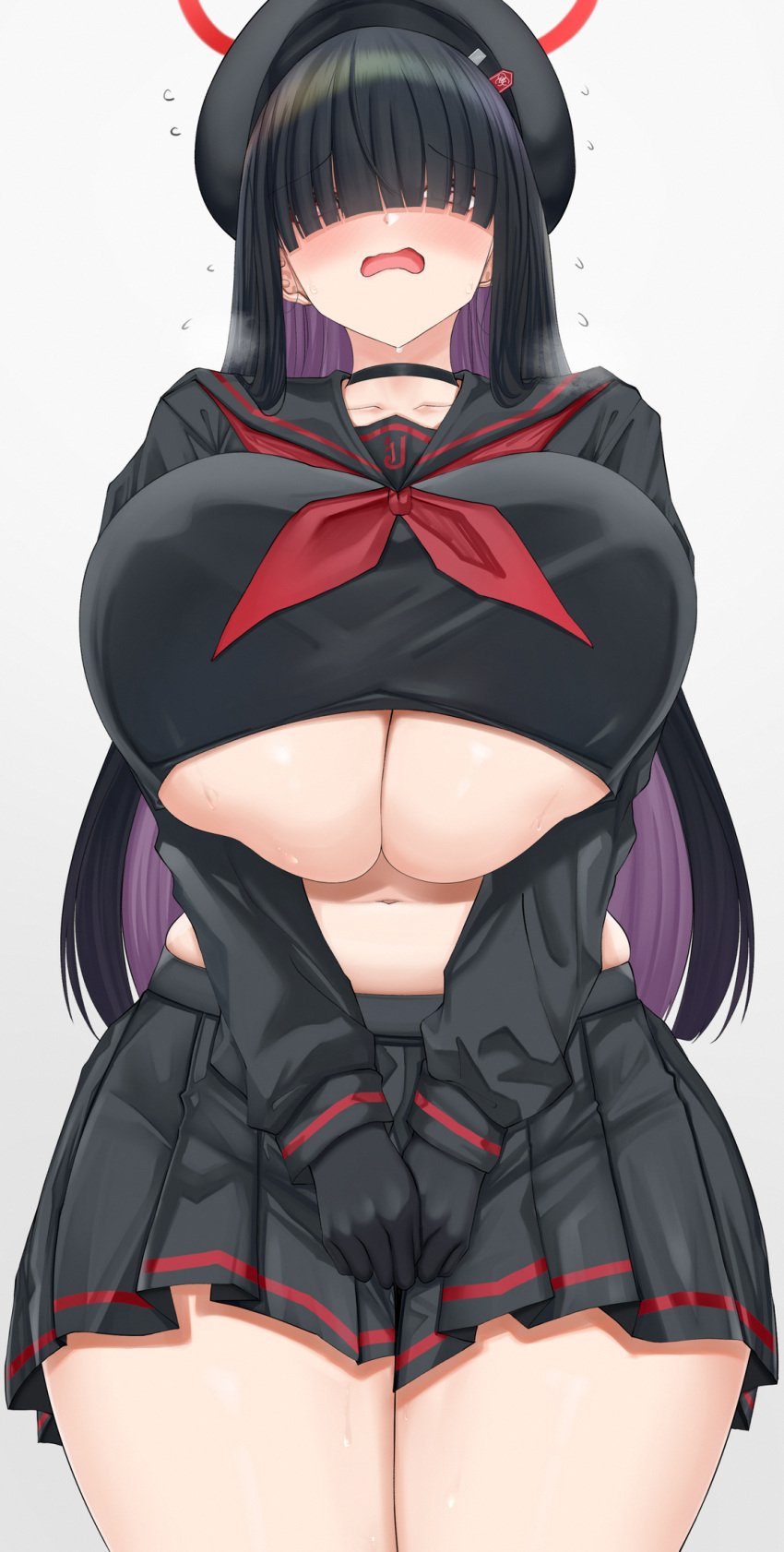 aged_up alternate_breast_size anxious beret big_breasts black_gloves black_hair black_headwear black_sailor_collar black_serafuku black_skirt blue_archive blunt_bangs blush blushing breasts breasts_focus chomikuplus cowboy_shot female female_only gigantic_breasts gloves hair_over_eyes halo hat highres huge_thighs justice_task_force_(blue_archive) justice_task_force_member_(blue_archive) long_hair long_sleeves navel neckerchief nervous open_mouth pleated_skirt red_halo red_neckerchief sailor_collar school_uniform serafuku simple_background skirt solo sweat thighs tits trinity_general_school_logo_(blue_archive) trinity_general_school_student underboob white_background