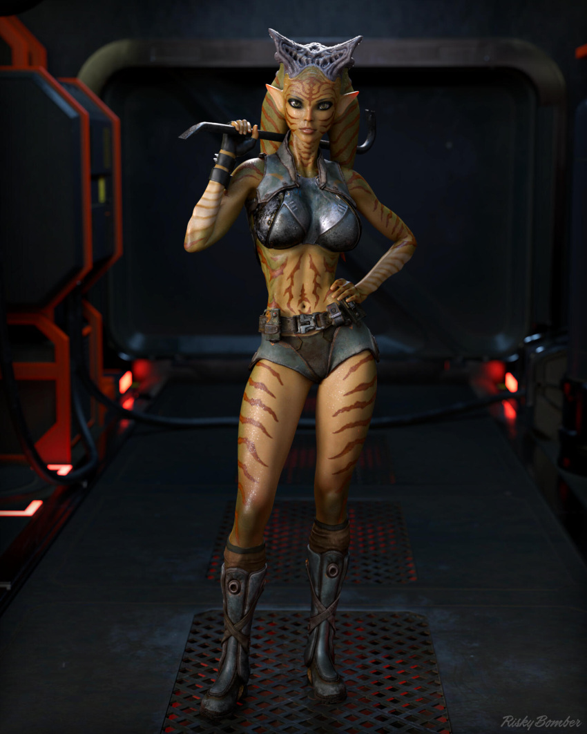 1girls 2023 3d alien_girl clothed clothing elf_ears female female_only green_body green_skin hand_on_hip holding_crowbar indoors large_breasts looking_at_viewer riskybomber sci-fi science_fiction solo solo_female standing