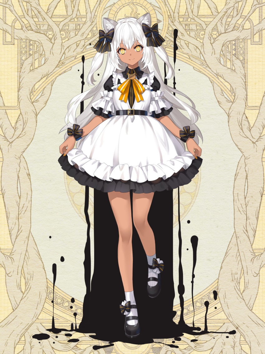 animal_ears black_bow black_dress black_footwear bow cat_ears dairoku_ryouhei dark-skinned_female dark_skin dress ena_(tommy_walker) female footwear_bow full_body hairbow highres leonie_bianco long_hair mary_janes ooze orange_ribbon ribbon shoes slit_pupils smile socks solo standing two-tone_dress very_long_hair white_dress white_hair white_socks wrist_bow yellow_background yellow_eyes