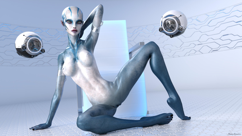 1girls 2023 3d alien alien_girl armband bald blue_body blue_skin female female_only high_heels large_breasts looking_at_viewer nenana_(riskybomber) nude nude_female original_character platform_heels riskybomber sci-fi science_fiction silver_high_heels solo solo_female