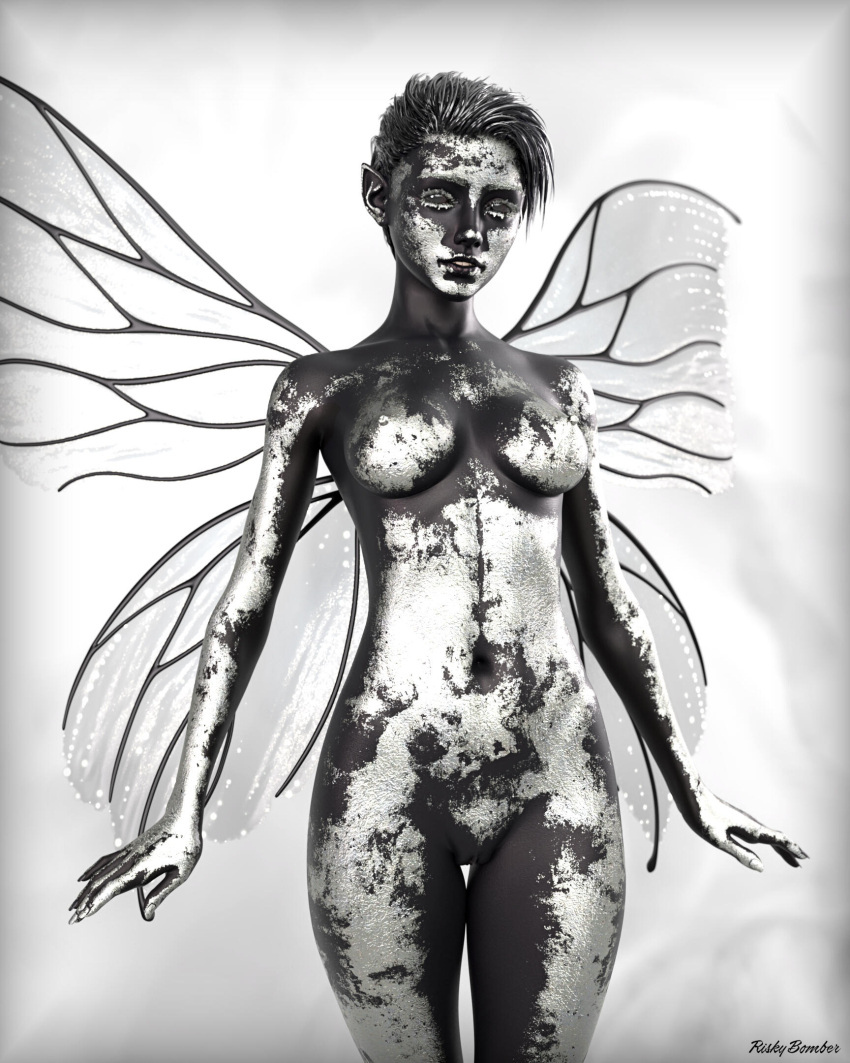 1girls 2023 3d bodypaint dark-skinned_female dark_skin fairy female female_only grey_body grey_skin grey_skin medium_breasts nude nude_female riskybomber short_hair silver_body silver_bodypaint silver_paint silver_skin solo solo_female white_paint wings