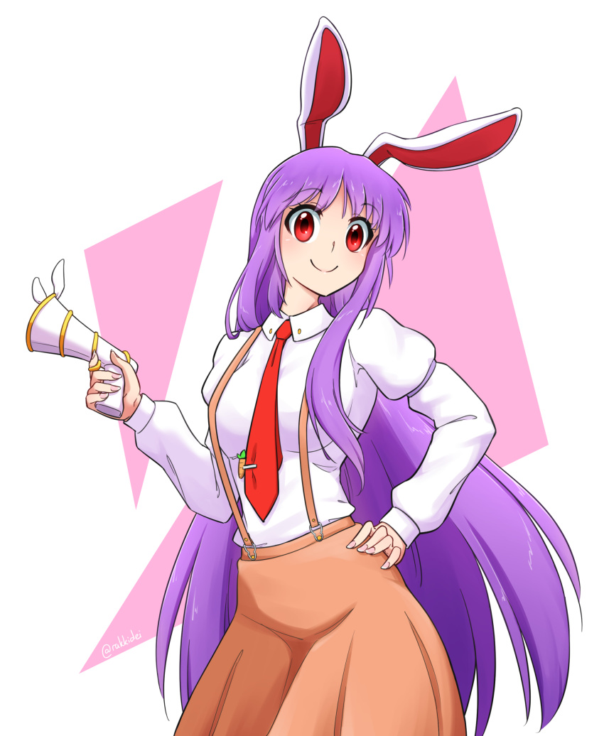 absurdres animal_ears artist_name carrot_pin commission female hand_on_own_hip highres long_hair looking_at_viewer lunatic_gun necktie orange_skirt overall_skirt purple_hair rabbit_ears rabbit_girl rakkidei red_eyes red_necktie reisen_udongein_inaba shirt skirt smile solo touhou very_long_hair white_background white_shirt