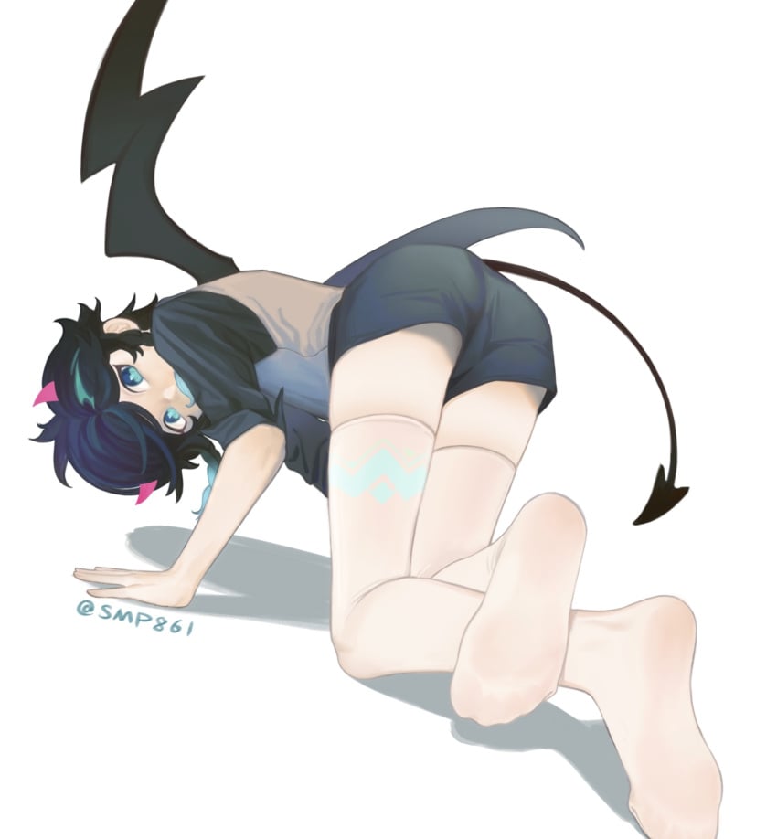 1boy all_fours alternate_costume aqua_eyes aqua_hair arched_back ass ass_up black_tail black_wings braided_sidelock commentary crossdressing crossed_legs demon_tail demon_wings feet femboy foot_focus from_behind full_body genshin_impact girly highres hoyoverse legs looking_at_viewer looking_back male male_focus male_only multicolored_hair no_shoes otoko_no_ko shadow short_hair short_shorts shorts simple_background skindentation solo streaked_hair swept_bangs symbol-only_commentary tail tcsalmon thighhighs thighs top-down_bottom-up twitter_username venti_(genshin_impact) white_thighhighs wings