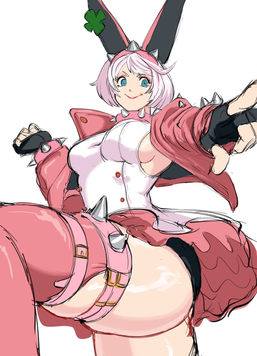 animal_ears aqua_eyes black_gloves blue_eyes boots bracelet breasts clover collar dress elphelt_valentine female four-leaf_clover frilled_dress frills full_body gloves guilty_gear guilty_gear_strive hairband highres jacket jewelry large_breasts long_sleeves octavius_(octavius_dp) octavius_dp open_mouth pink_footwear pink_jacket short_hair sideboob smile spiked_bracelet spiked_collar spiked_hairband spikes standing standing_on_one_leg thigh_boots white_dress white_hair