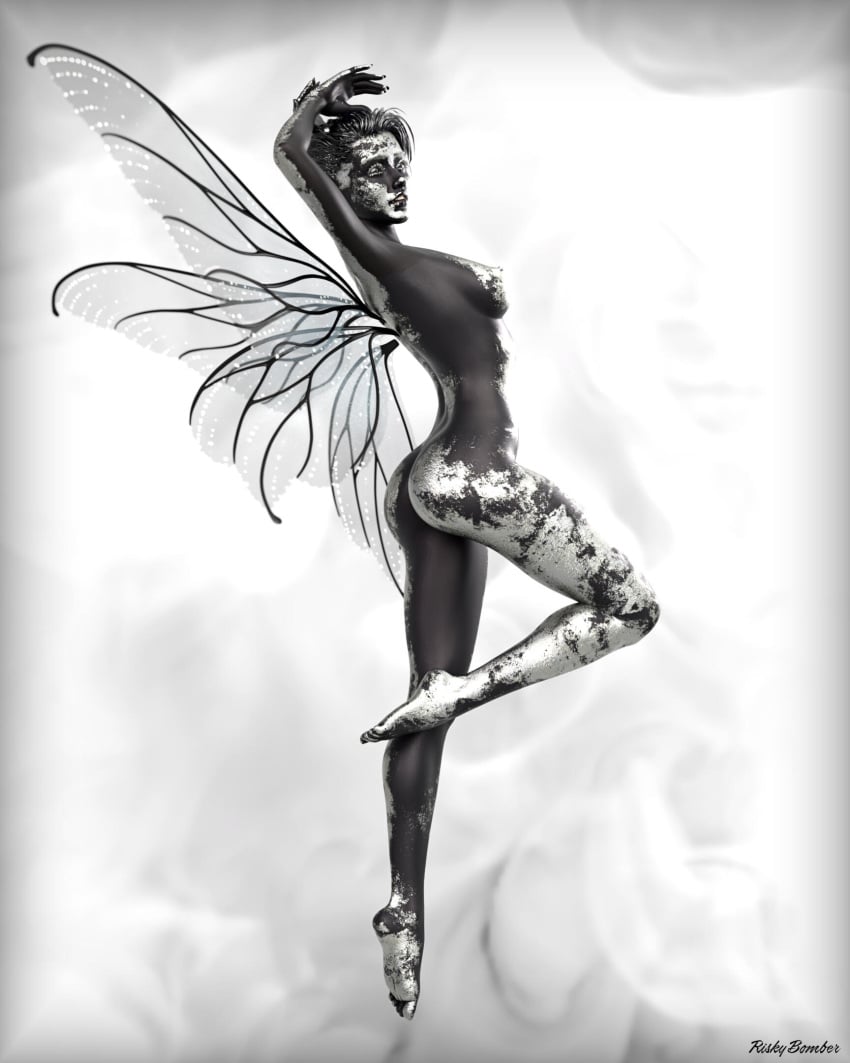 1girls 2023 3d bodypaint dark-skinned_female dark_skin fairy female female_only grey_body grey_skin grey_skin medium_breasts nude nude_female riskybomber short_hair side_view silver_body silver_bodypaint silver_paint silver_skin solo solo_female white_paint wings