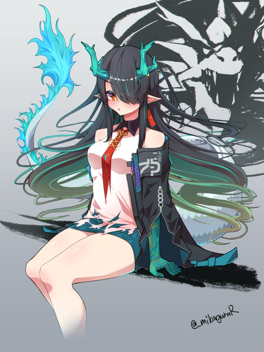 :o absurdres antlers arknights artist_name black_hair black_jacket blue_skirt breasts collared_shirt colored_inner_hair colored_skin dragon_girl dragon_tail dusk_(arknights) female fur-tipped_tail green_hair grey_background highres jacket jacket_partially_removed long_hair long_sleeves looking_at_viewer medium_breasts mikagura multicolored_hair multicolored_skin necktie orange_eyes pointy_ears red_necktie shirt simple_background sitting skirt sleeveless solo tail torn_clothes torn_shirt twitter_username white_shirt