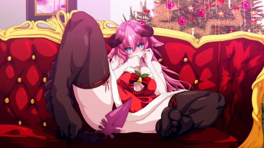 big_breasts blue_eyes breasts covering_pussy feet_focus furry_ears horns irelyth looking_at_viewer pink_hair pink_horns red_dress red_sofa santa_dress socks sofa submissive submissive_female tail torabera