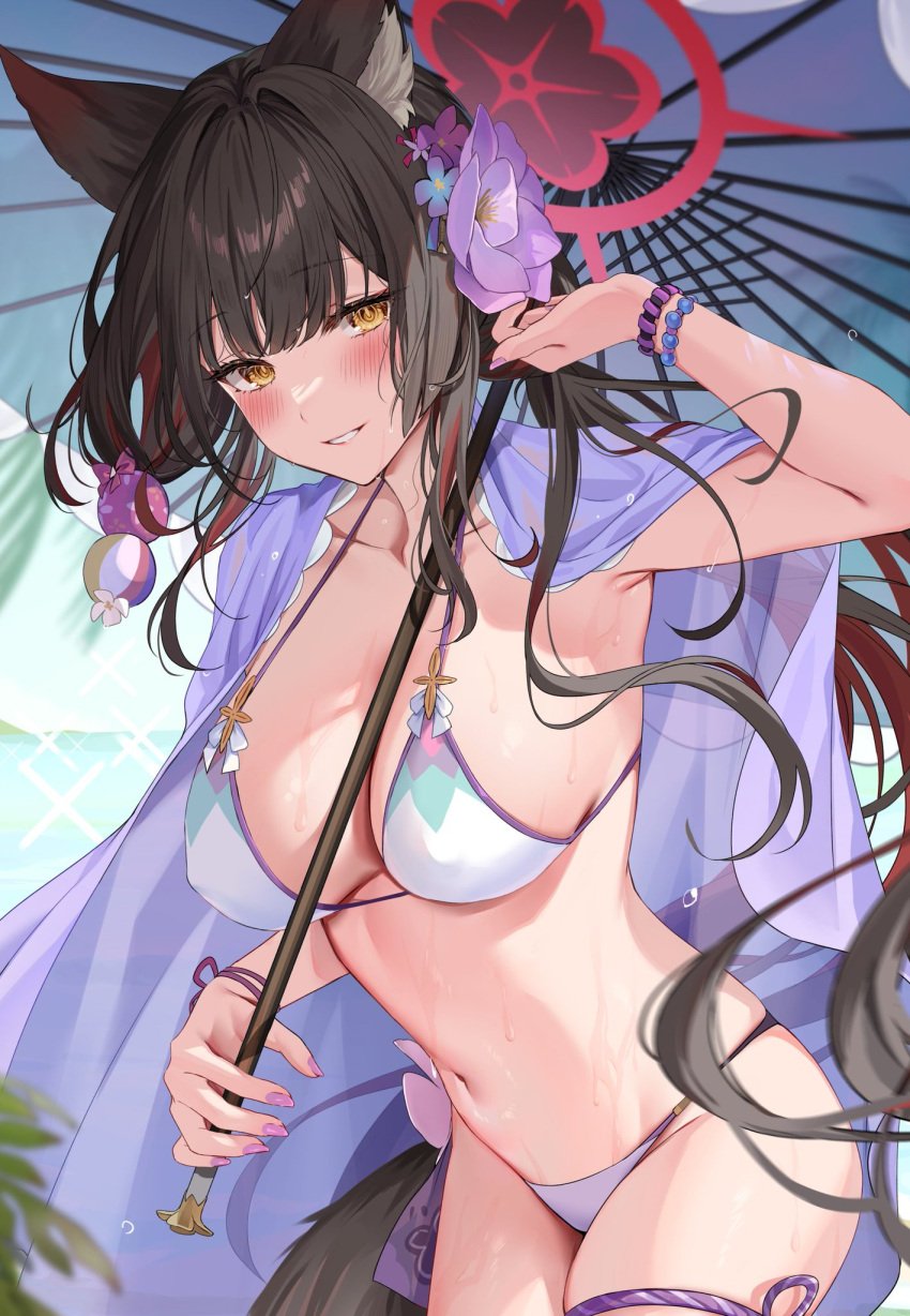 allied_hyakkiyako_academy_student animal_ears bare_shoulders bead_bracelet beads bikini black_hair blue_archive blush bracelet breasts cleavage collarbone color colored_inner_hair eyeliner female flower fox_ears fox_girl fox_tail grin hair_flower hair_ornament halo highres hizuki_higure jewelry large_breasts long_hair looking_at_viewer low_twintails makeup multicolored_hair navel official_alternate_costume oil-paper_umbrella red_hair seven_prisoners_(blue_archive) sideboob smile solo stomach swimsuit tail thighs twintails umbrella wakamo_(blue_archive) wakamo_(swimsuit)_(blue_archive) wet white_bikini yellow_eyes