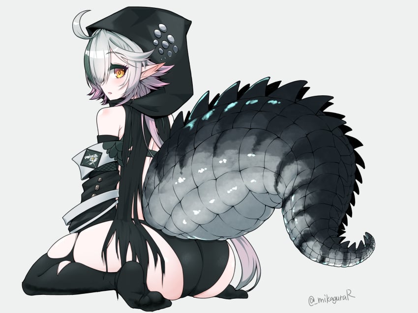 :o ahoge arknights artist_name ass black_hood crocodilian_tail detached_sleeves female full_body grey_background grey_hair highres hood hood_up large_tail long_hair long_sleeves looking_at_viewer looking_back mikagura pointy_ears reptile_girl simple_background sitting solo star-shaped_pupils star_(symbol) symbol-shaped_pupils tail thighhighs tomimi_(arknights) torn_clothes torn_thighhighs twitter_username wariza