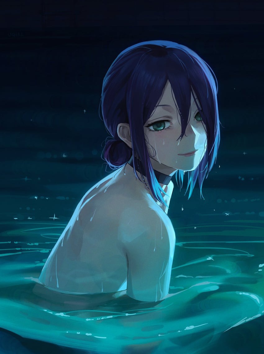 black_choker blush chainsaw_man choker commentary english_commentary female green_eyes hair_between_eyes hair_bun highres in_water looking_at_viewer medium_hair nude purple_hair reze_(chainsaw_man) single_hair_bun smile solo uqi32 water water_drop wet wet_hair