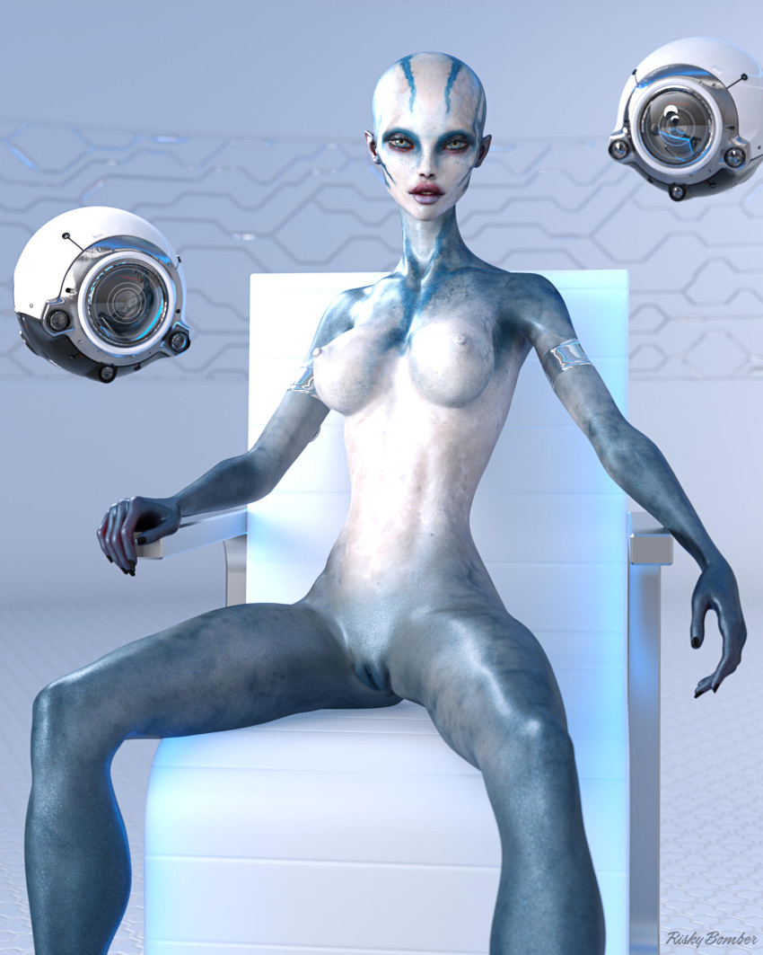 1girls 2023 3d alien alien_girl armband bald blue_body blue_skin female female_only high_heels large_breasts looking_at_viewer nenana_(riskybomber) nude nude_female original_character platform_heels riskybomber sci-fi science_fiction seated silver_high_heels sitting solo solo_female