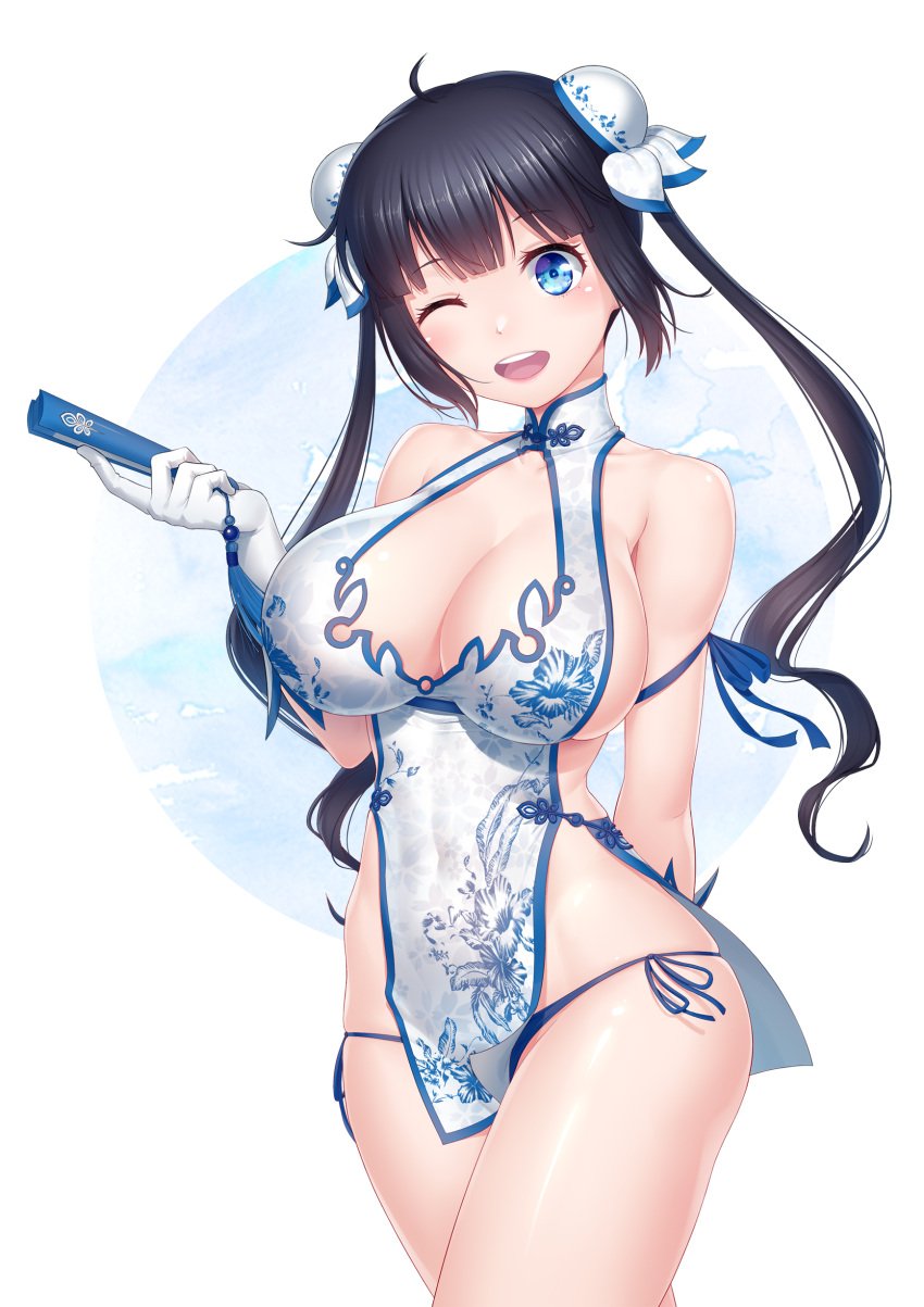 1girls anarchojs big_breasts black_hair blue_eyes blue_thong breasts china_dress cleavage double_bun dress dungeon_ni_deai_wo_motomeru_no_wa_machigatteiru_darou_ka female female_only folding_fan goddess hair handwear hestia_(danmachi) hips huge_breasts one_eye_closed short_dress skimpy skimpy_dress smile solo solo_female thong white_dress wink winking