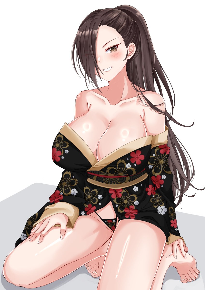 1girls absurdres alternate_costume bare_shoulders black_kimono black_panties blush breasts brown_eyes brown_hair cleavage commission female female_only fire_emblem fire_emblem_fates floral_print_kimono hair_over_one_eye hand_on_own_thigh highres japanese_clothes kagero_(fire_emblem) kimono kneeling large_breasts long_hair looking_at_viewer mature_female nintendo panties ponytail rynn_(darknescorez) short_kimono smile solo thong toenails toes underwear white_background