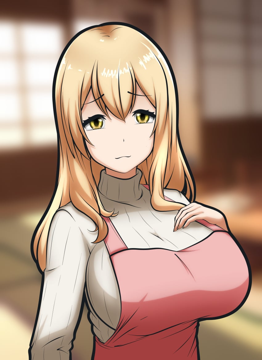 1girls apron big_breasts blonde_hair breasts clothing cyrano_(pixiv) female female_only hair hand_on_breast huge_breasts long_hair mature mature_female mature_woman milf older_female pink_apron solo solo_female sunohara_ayaka sunoharasou_no_kanrinin-san sweater white_sweater yellow_eyes