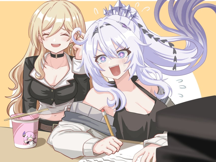 2girls ahoge bare_shoulders bianka_durandal_ataegina black_choker blonde_hair breasts choker crown cup_ramen earrings elysia_(honkai_impact) elysia_(miss_pink_elf)_(honkai_impact) happy_birthday high_ponytail highres honkai_(series) honkai_impact_3rd jewelry kiana_kaslana kiana_kaslana_(herrscher_of_finality) long_hair medium_breasts multiple_girls open_mouth paper pencil siblings simple_background sisters star-shaped_pupils star_(symbol) symbol-shaped_pupils teeth tsuroro_art upper_teeth_only v-shaped_eyebrows white_sleeves yellow_background