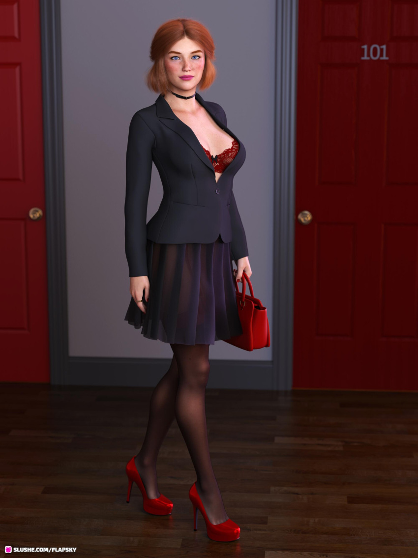 1girls 2023 3d black_skirt black_stockings blue_eyes bra bra_peek choker claire_(flapsky) clothed clothing female female_only flapsky high_heels holding_purse indoors lipstick looking_at_viewer medium_breasts office_lady original_character purse red_bra red_hair red_high_heels red_purse redhead see-through see-through_clothing see-through_skirt sheer sheer_clothing skirt solo solo_female stockings