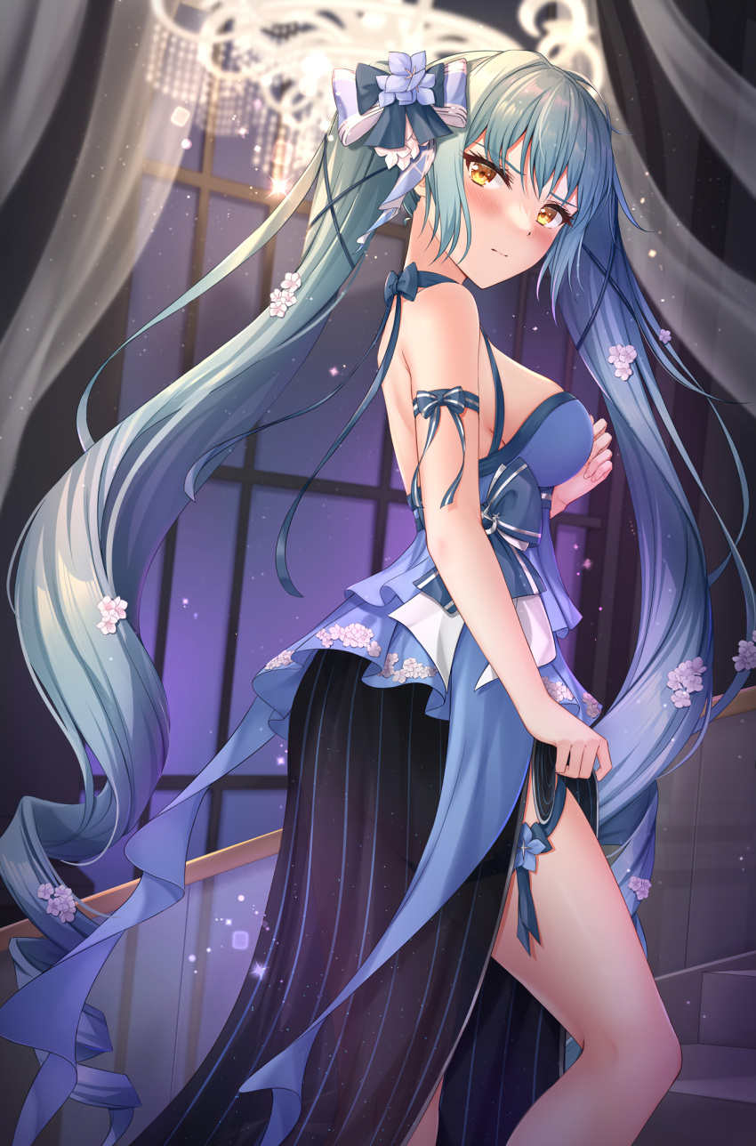 bare_arms bare_shoulders blue_dress blue_hair blush breasts dress female goddess_of_victory:_nikke hair_ornament highres large_breasts long_hair looking_at_viewer looking_to_the_side muwa12 official_alternate_costume privaty_(banquet_princess)_(nikke) privaty_(nikke) solo thigh_strap thighs twintails yellow_eyes