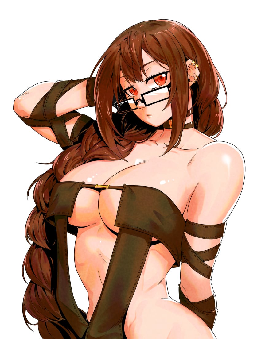 1girls ass big_ass braid braided_hair breasts brown_hair choker cleavage dress fate/grand_order fate_(series) glasses hand_in_hair large_breasts minew ponytail red_eyes revealing_clothes solo very_long_hair wide_hips yu_mei-ren_(fate)