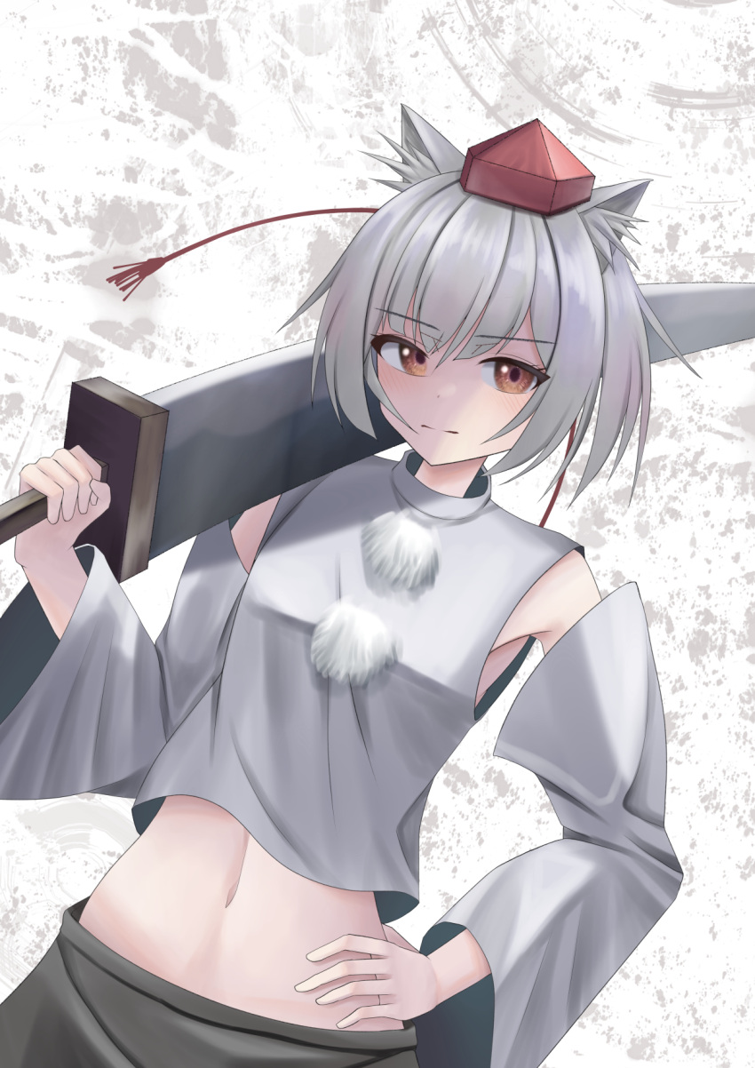 animal_ears black_hakama closed_mouth detached_sleeves female hakama hand_on_own_hip hat highres holding holding_sword holding_weapon inubashiri_momiji japanese_clothes looking_at_viewer midriff momiji_inubashiri navel red_eyes shirt short_hair smile solo stomach sword tail tofuandsoup tokin_hat touhou weapon white_hair white_shirt white_sleeves wolf_ears wolf_girl