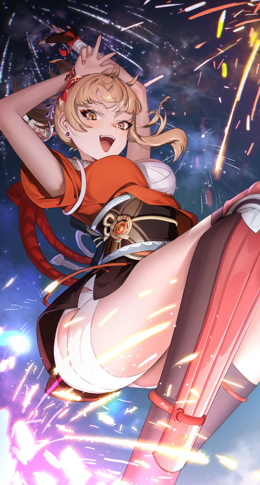 :d absurdres arms_up bandaged_arm bandaged_leg bandages black_thighhighs blonde_hair commentary_request ear_piercing feet_out_of_frame female fingerless_gloves fireworks genshin_impact gloves hadanugi_dousa highres hoyoverse japanese_clothes kimono looking_at_viewer medium_hair night obi open_mouth orange_eyes orange_kimono orange_nails piercing sarashi sash shimenawa shin_guards single_fingerless_glove smile solo thighhighs vision_(genshin_impact) w yoimiya_(genshin_impact) zlan